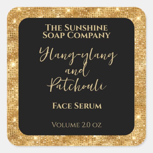 ブラック金ゴールドグリッター化粧品落としボトルラベル スクエアシール (正面)