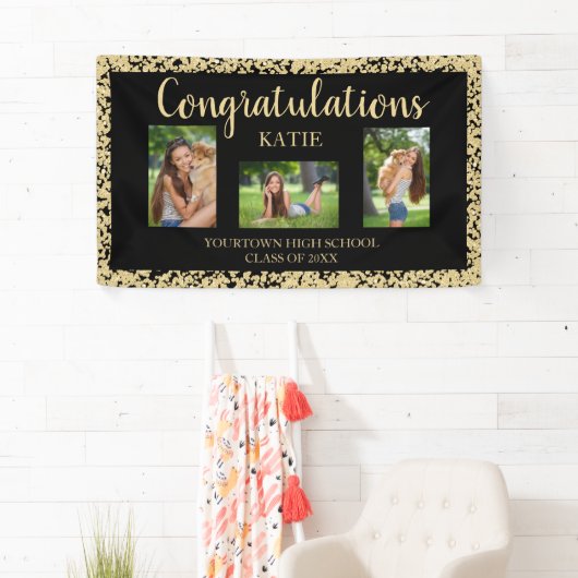 ブラック金ゴールドグリッター卒業パーティー写真 横断幕 (インサイチュ)