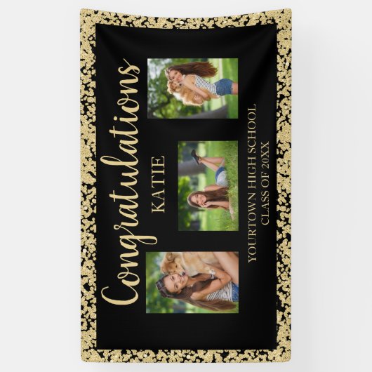 ブラック金ゴールドグリッター卒業パーティー写真 横断幕 (縦)