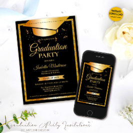 ブラック金ゴールドグリッター卒業パーティー 招待状