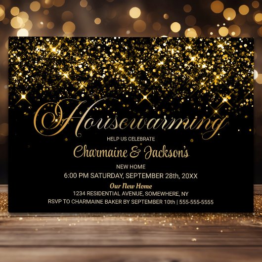 ブラック金ゴールドグリッター引っ越し祝いパーティーパーティー 招待状