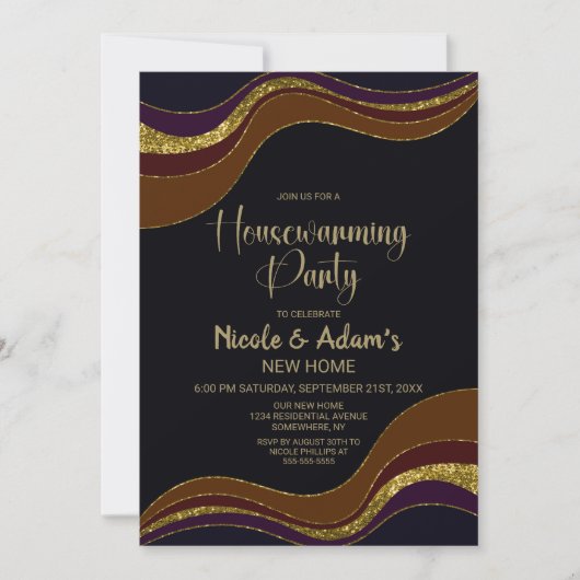 ブラック金ゴールドグリッター引っ越し祝いパーティーパーティー 招待状 (正面)