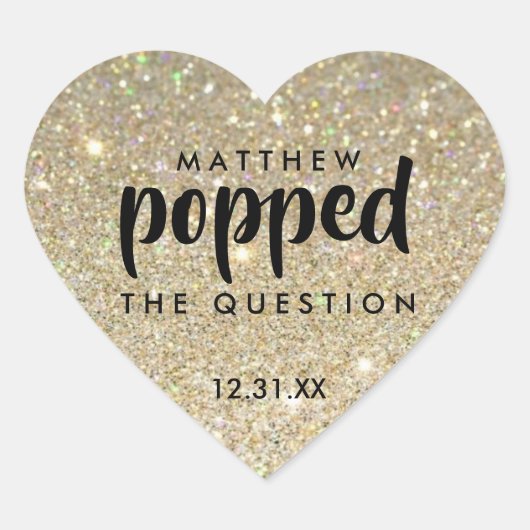 ブラック金ゴールドグリッター彼は質問をポップ ハートシール (正面)