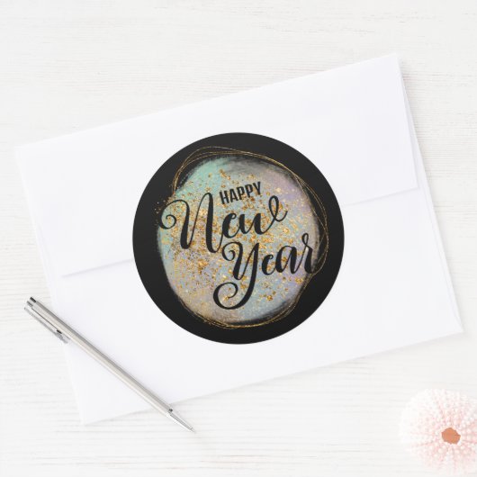ブラック金ゴールドグリッター新年 ラウンドシール (封筒)