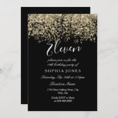 ブラック金ゴールドグリッター紙吹雪11th birthday party 招待状 (正面/裏面)