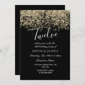 ブラック金ゴールドグリッター紙吹雪12th birthday party 招待状 (正面/裏面)