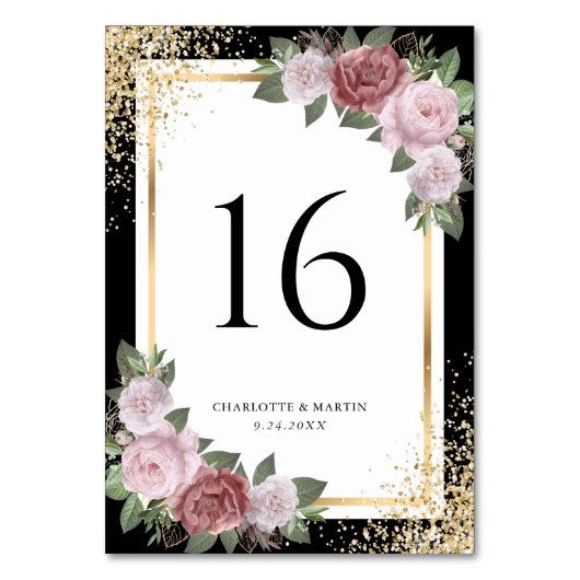 ブラック金ゴールドグリッター赤面ピンク結婚フローラ テーブルナンバー (裏面)