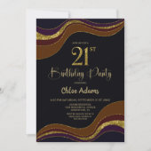 ブラック金ゴールドグリッター21歳の誕生日パーティー 招待状 (正面)