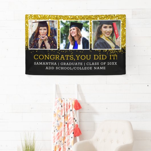 ブラック金ゴールドグリッター3フォトコラージュおめでとうグラード 横断幕 (インサイチュ)