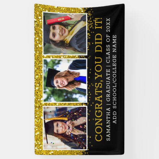ブラック金ゴールドグリッター3フォトコラージュおめでとうグラード 横断幕 (縦)