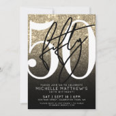 ブラック金ゴールドグリッター50誕生日 招待状 (正面)