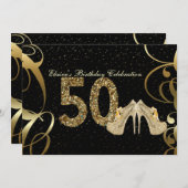 ブラック金ゴールドグリッター50thウーマン誕生日招待状 招待状 (正面/裏面)