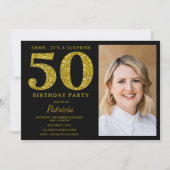 ブラック金ゴールドグリッター50thサプライズ誕生日写真 招待状 (正面)