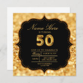 ブラック金ゴールドグリッター50th大人誕生日 招待状 (正面/裏面)