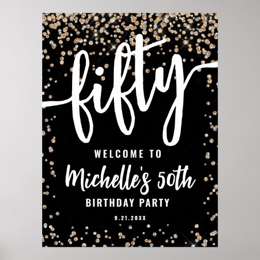 ブラック金ゴールドグリッター50th誕生日ウェルカムサイン ポスター (正面)