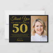 ブラック金ゴールドグリッター50th誕生日写真ありがとう サンキューカード (正面)