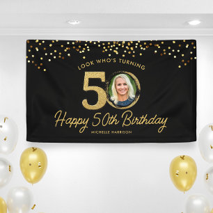 ブラック金ゴールドグリッター50th Birthday Partyあなたの写真 横断幕