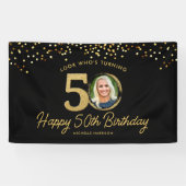 ブラック金ゴールドグリッター50th Birthday Partyあなたの写真 横断幕 (横)