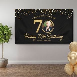 ブラック金ゴールドグリッター70th Birthday Partyあなたの写真 横断幕