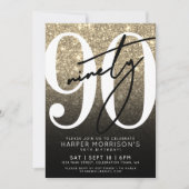 ブラック金ゴールドグリッター90誕生日 招待状 (正面)