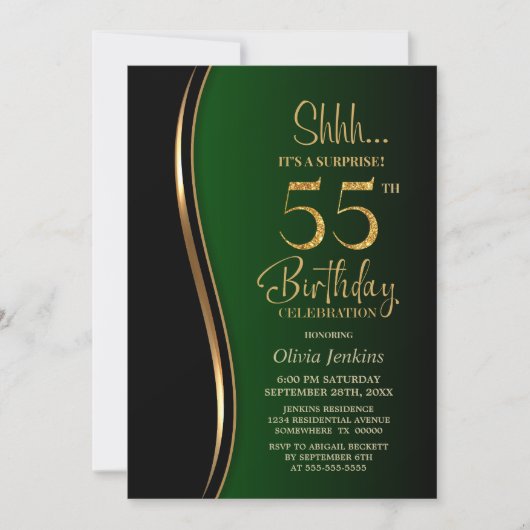 ブラック金ゴールドグリーンサプライズ55誕生日 招待状 (正面)