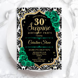 ブラック金ゴールドグリーンバラサプライズ30th Birthday 招待状<br><div class="desc">サプライズ30th誕生日パーティの招待状。黒フェミニン白とエメラルドの緑のデザインとフェイクグリッター金ゴールド。黒と白のレースダマスクパターン、バラ、スクリプトフォントと紙吹雪を備えている。女性の日エレガントお祝いに最適。任意のパーソナライズされた年齢を示すことができる。印刷されたZazzle招待状または即時ダウンロードのデジタル印刷可能なテンプレート。</div>