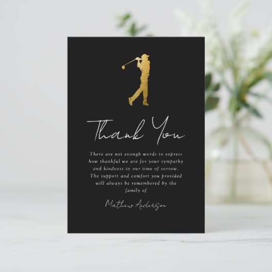 ブラック金ゴールドゴルファー写真悔やみや弔慰葬儀 サンキューカード (スタンド正面)
