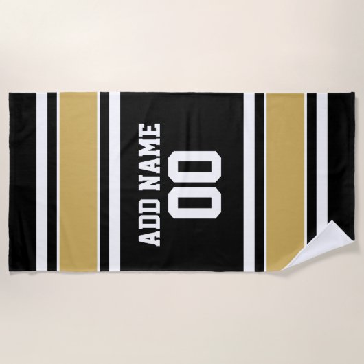 ブラック金ゴールドサッカージャージー名前をカスタムする番号 ビーチタオル (正面)