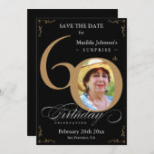 ブラック金ゴールドサプライズ60誕生日日付の保存 招待状 (正面/裏面)