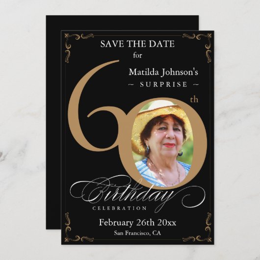 ブラック金ゴールドサプライズ60誕生日日付の保存 招待状 (正面/裏面)