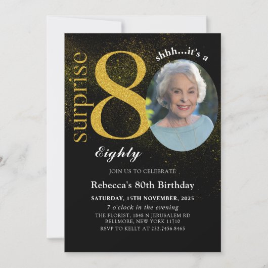 ブラック金ゴールドサプライズ80誕生日フォト招待状 招待状 (正面)