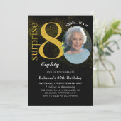 ブラック金ゴールドサプライズ80誕生日フォト招待状 招待状 (スタンド正面)