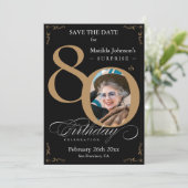 ブラック金ゴールドサプライズ80誕生日日付の保存 招待状 (スタンド正面)