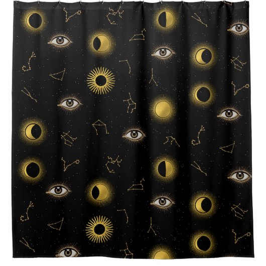 ブラック金ゴールドシアルサン&ムーン〔占星術の〕十二宮図アイ シャワーカーテン (正面)