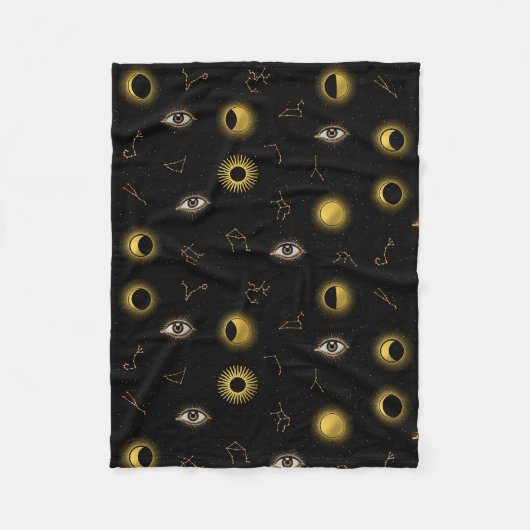ブラック金ゴールドシアルサン&ムーン〔占星術の〕十二宮図アイ フリースブランケット (正面)