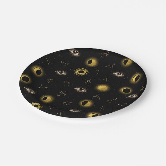 ブラック金ゴールドシアルサン&ムーン〔占星術の〕十二宮図アイ ペーパープレート (アングル)