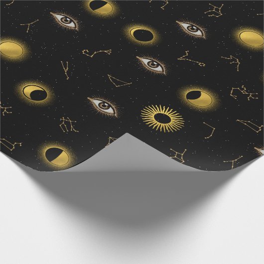 ブラック金ゴールドシアルサン&ムーン〔占星術の〕十二宮図アイ ラッピングペーパー (角)