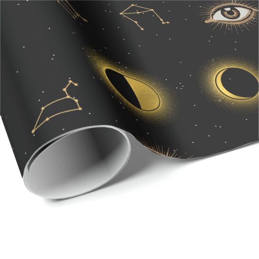 ブラック金ゴールドシアルサン&ムーン〔占星術の〕十二宮図アイ ラッピングペーパー (ロールコーナー)