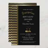ブラック金ゴールドシェブロンサプライズ誕生日ディナー 招待状 (正面/裏面)