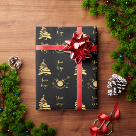 ブラック金ゴールドシックなクリスマスツリー小売りカスタムロゴ ラッピングペーパー