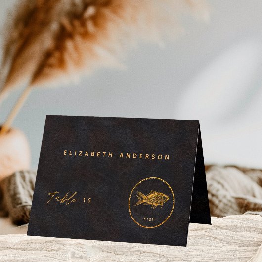 ブラック金ゴールドシックな魚の食事の選択ゲストネームカード サンキューカード