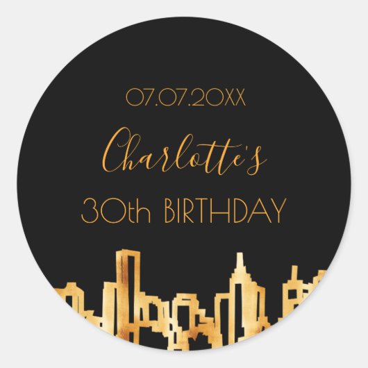 ブラック金ゴールドシティモダンスカイライン誕生日パーティー ラウンドシール (正面)