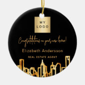 ブラック金ゴールドシティ実在スキライン不動産のロゴ セラミックオーナメント (正面)