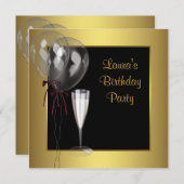 ブラック金ゴールドシャンパンウーマンバースデーパーティー 招待状 (正面/裏面)