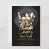 ブラック金ゴールドシャンパンニューイヤーズイブお祝い 招待状 (正面)