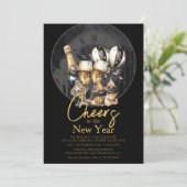 ブラック金ゴールドシャンパンニューイヤーズイブお祝い 招待状 (スタンド正面)