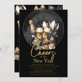 ブラック金ゴールドシャンパンニューイヤーズイブお祝い 招待状 (正面/裏面)