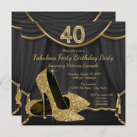 ブラック金ゴールドシューズ素晴らしい40歳の誕生日パーティー 招待状 (正面/裏面)
