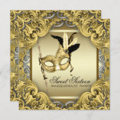 ブラック金ゴールドシルバーSweet sixteenマスカレードパーティー 招待状 (正面/裏面)