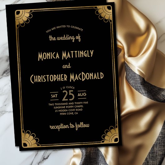 ブラック金ゴールドシンプルアールデコヴィンテージ結婚フローラ 招待状